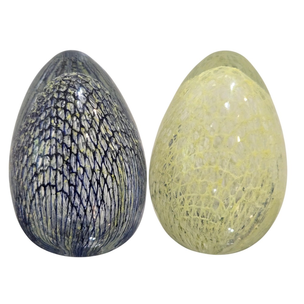 Set of 2 Art Glass Egg Paperweights 3" tall Blue Yellow Translucent Abstract